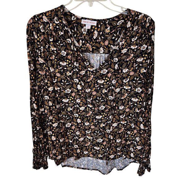 Knox Rose Womens Top Peasant Blouse XS Floral Earth Tone Rayon Brown - Picture 1 of 9